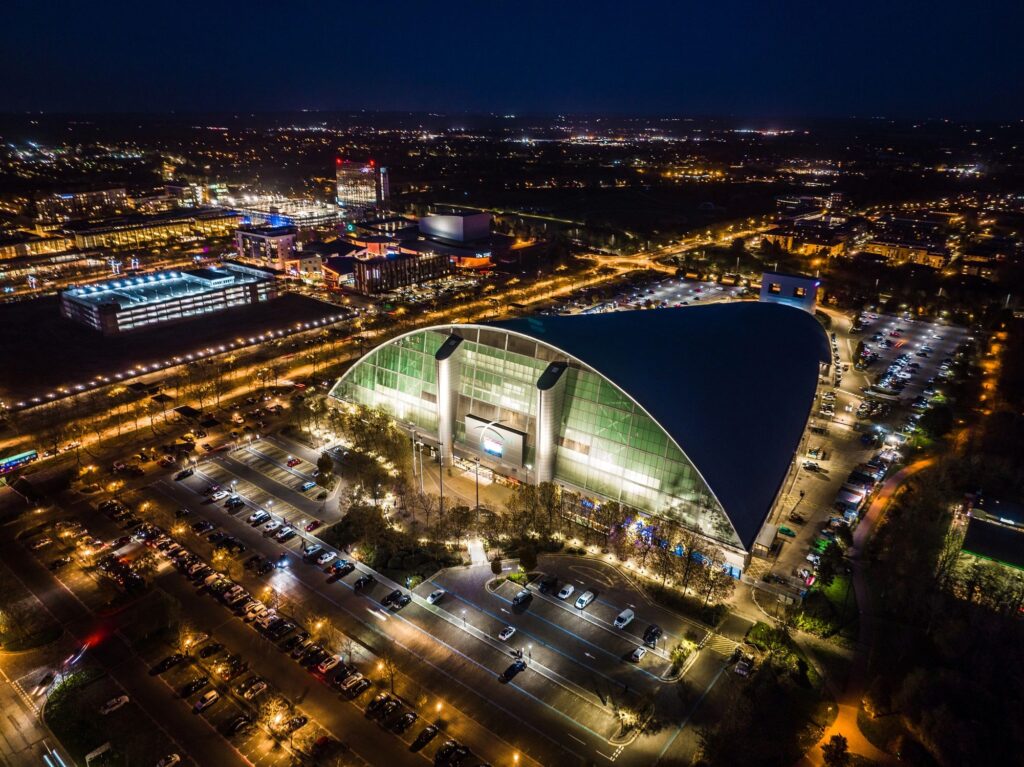 Drone view of Milton Keynes Central at night
